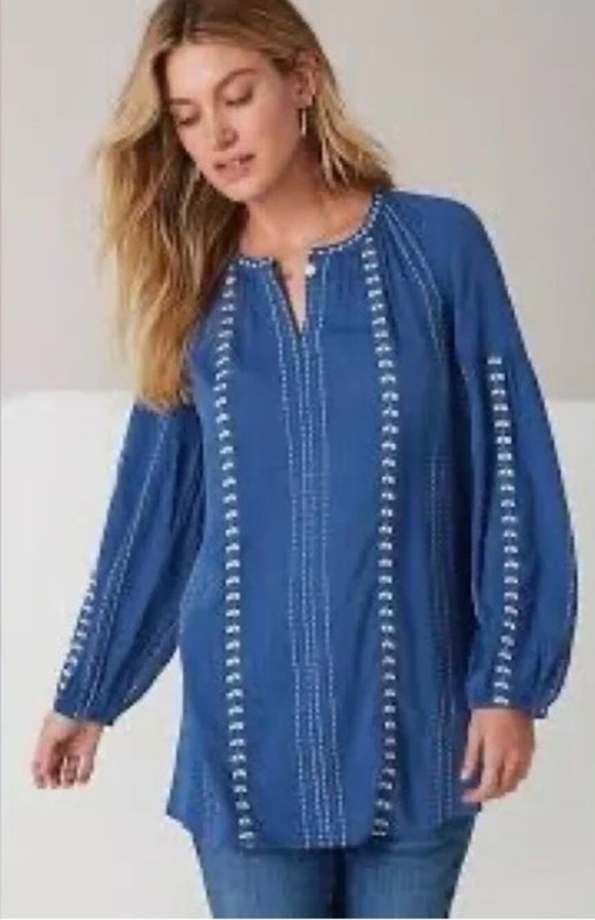 J. Jill Blue Embroidered Peasant Blouse Long Sleeve Medium EUC